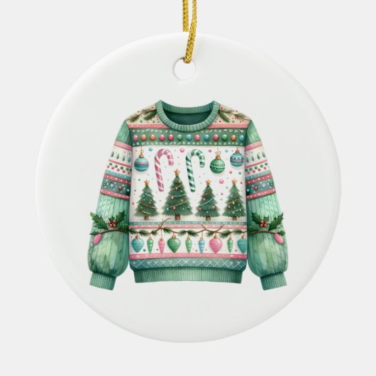 1e plaats Winnaar Ugly Sweater Contest Groen Roze Keramisch Ornament (Voorkant)