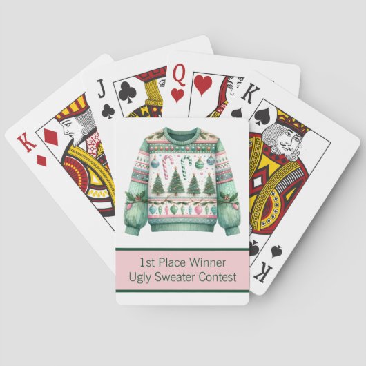 1e plaats Winnaar Ugly Sweater Contest Groen Roze Pokerkaarten (Achterkant)