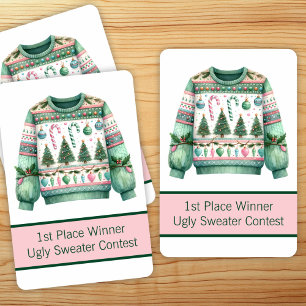 1e plaats Winnaar Ugly Sweater Contest Groen Roze Pokerkaarten