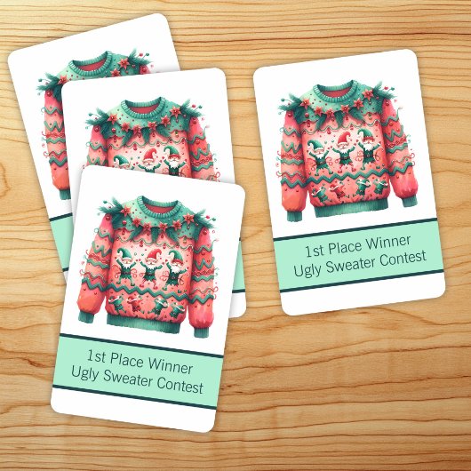 1e plaats Winnaar Ugly Sweater Contest Pink Green Pokerkaarten
