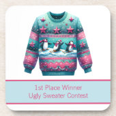 1e plaats Winnaar Ugly Sweater Contest Roze Blauwg Bier Onderzetter (Voorkant)