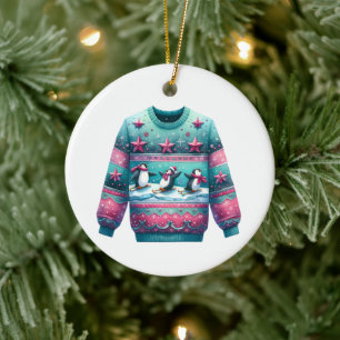 1e plaats Winnaar Ugly Sweater Contest Roze Blauwg Keramisch Ornament