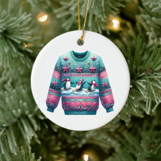 1e plaats Winnaar Ugly Sweater Contest Roze Blauwg Keramisch Ornament (Boom)