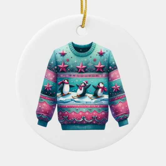 1e plaats Winnaar Ugly Sweater Contest Roze Blauwg Keramisch Ornament (Voorkant)