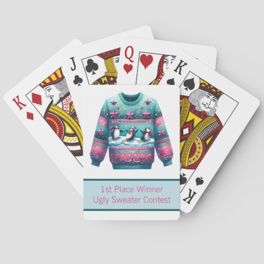 1e plaats Winnaar Ugly Sweater Contest Roze Blauwg Pokerkaarten (Achterkant)