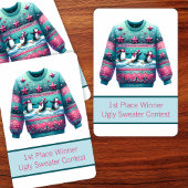 1e plaats Winnaar Ugly Sweater Contest Roze Blauwg Pokerkaarten