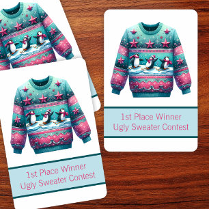 1e plaats Winnaar Ugly Sweater Contest Roze Blauwg Pokerkaarten