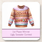 1e plaats Winnaar Ugly Sweater Contest Roze Paarse Bier Onderzetter (Voorkant)