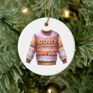 1e plaats Winnaar Ugly Sweater Contest Roze Paarse Keramisch Ornament