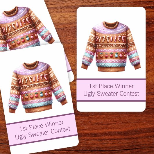 1e plaats Winnaar Ugly Sweater Contest Roze Paarse Pokerkaarten
