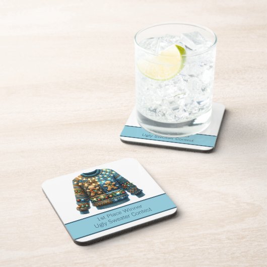 1e plaats Winnaar Ugly Sweater Contest Tree Lights Bier Onderzetter (Rechterzijde)