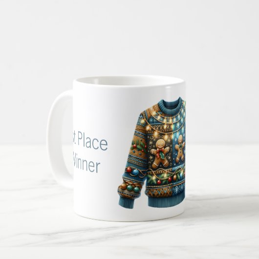 1e plaats Winnaar Ugly Sweater Contest Tree Lights Koffiemok (Voorkant links)