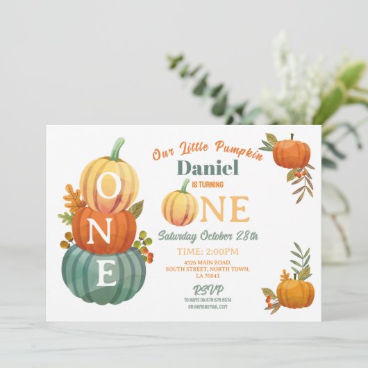 1e pompoen verjaardag oogstfeest jongens blauw kaart (Staand voorkant)