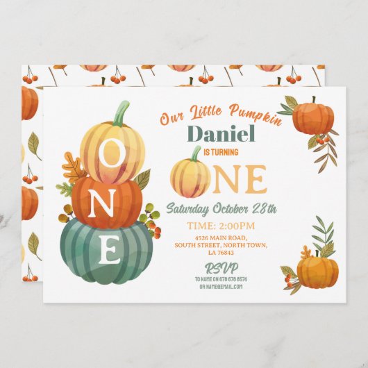 1e pompoen verjaardag oogstfeest jongens blauw kaart (Voorkant / Achterkant)