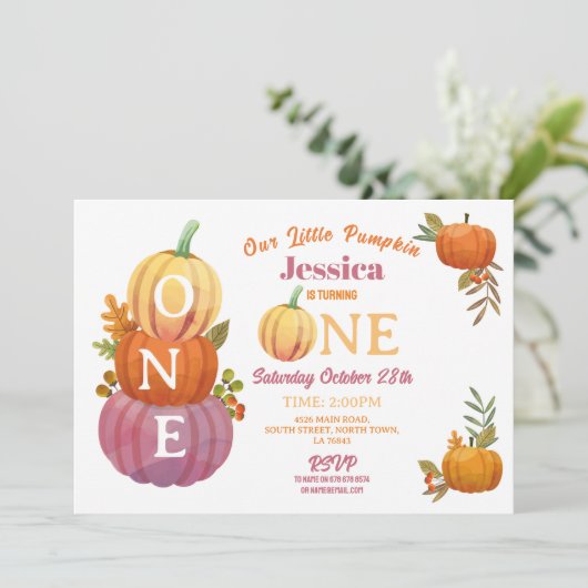 1e pompoen verjaardag oogstfeest roze meisjes kaart (Staand voorkant)