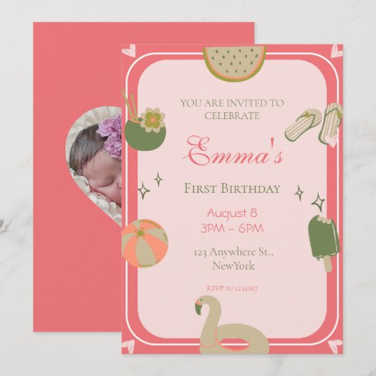 1e Pool Party verjaardagsuitnodigingen foto. Kaart (Voorkant / Achterkant)