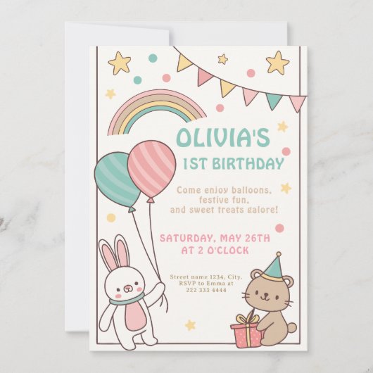 1e Rainbow Bunny verjaardagsfeest Kaart (Voorkant)