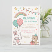 1e Rainbow Bunny verjaardagsfeest Kaart (Staand voorkant)