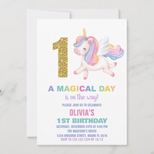 1e Rainbow Unicorn Verjaardag Uitnodigingen (Voorkant)