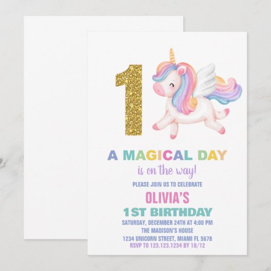 1e Rainbow Unicorn Verjaardag Uitnodigingen (Voorkant / Achterkant)