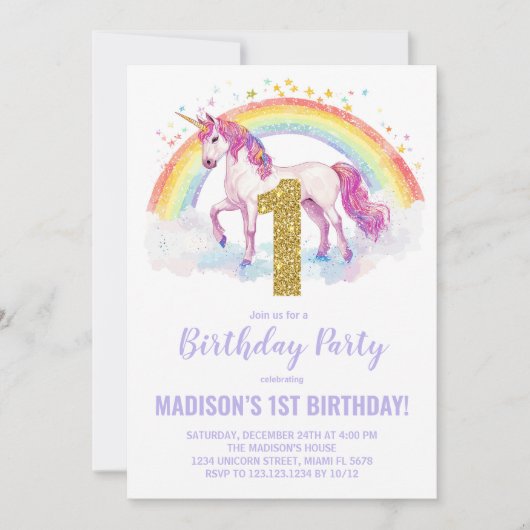1e Rainbow Unicorn Verjaardag Uitnodigingen (Voorkant)