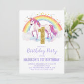 1e Rainbow Unicorn Verjaardag Uitnodigingen (Staand voorkant)
