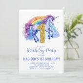 1e Rainbow Unicorn Verjaardag Uitnodigingen (Staand voorkant)