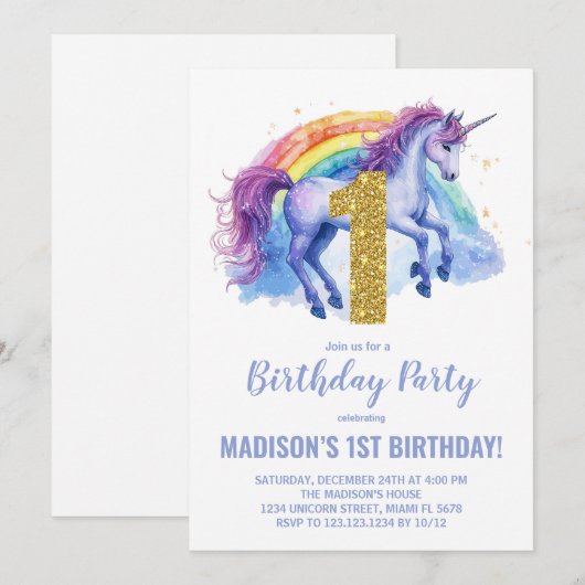 1e Rainbow Unicorn Verjaardag Uitnodigingen (Voorkant / Achterkant)