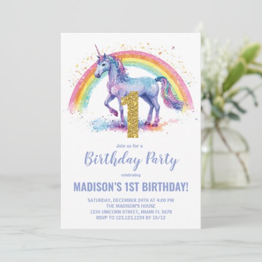 1e Rainbow Unicorn Verjaardag Uitnodigingen (Staand voorkant)