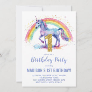 1e Rainbow Unicorn Verjaardag Uitnodigingen