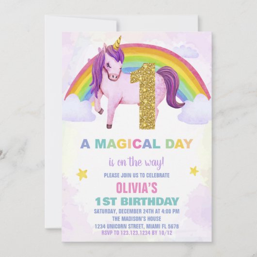 1e Rainbow Unicorn Verjaardag Uitnodigingen Cloud (Voorkant)