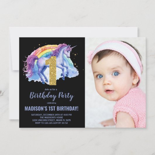 1e Rainbow Unicorn Verjaardag Uitnodigingen foto (Voorkant)