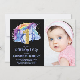 1e Rainbow Unicorn Verjaardag Uitnodigingen foto