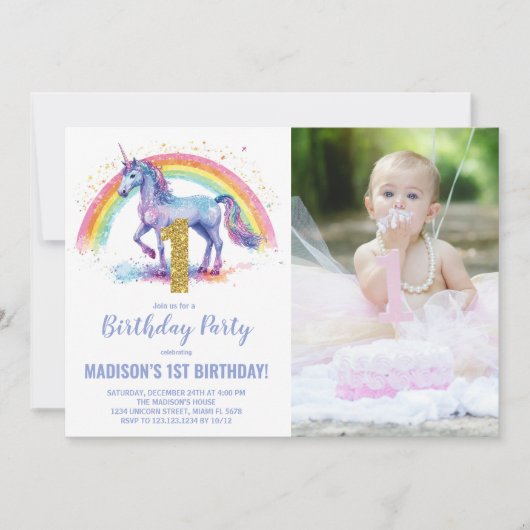 1e Rainbow Unicorn Verjaardag Uitnodigingen foto (Voorkant)