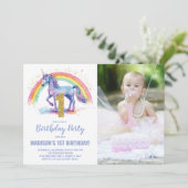 1e Rainbow Unicorn Verjaardag Uitnodigingen foto (Staand voorkant)