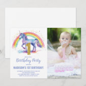 1e Rainbow Unicorn Verjaardag Uitnodigingen foto (Voorkant / Achterkant)