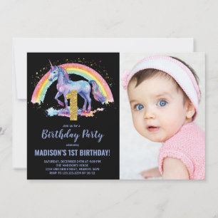 1e Rainbow Unicorn Verjaardag Uitnodigingen foto