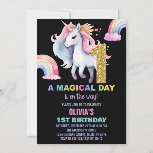 1e Rainbow Unicorn Verjaardag Uitnodigingen Glitte (Voorkant)