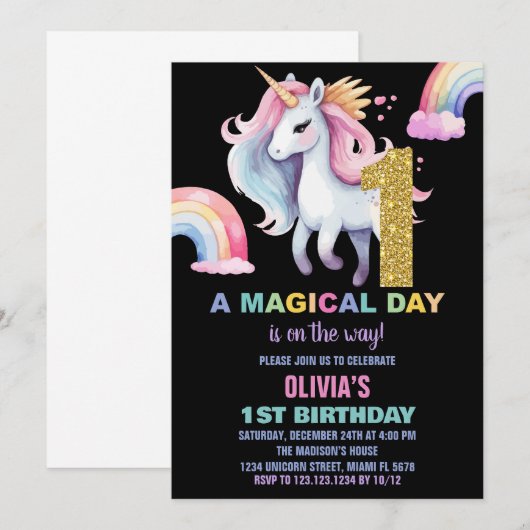 1e Rainbow Unicorn Verjaardag Uitnodigingen Glitte (Voorkant / Achterkant)