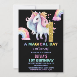 1e Rainbow Unicorn Verjaardag Uitnodigingen Glitte