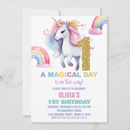 1e Rainbow Unicorn Verjaardag Uitnodigingen Glitte (Voorkant)