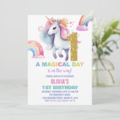 1e Rainbow Unicorn Verjaardag Uitnodigingen Glitte (Staand voorkant)