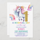 1e Rainbow Unicorn Verjaardag Uitnodigingen Glitte (Voorkant / Achterkant)