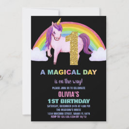 1e Rainbow Unicorn Verjaardag Uitnodigingen Glitte