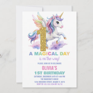 1e Rainbow Unicorn Verjaardag Uitnodigingen Vliege