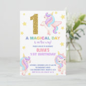 1e Rainbow Unicorn Verjaardag Uitnodigingen Vliege (Staand voorkant)