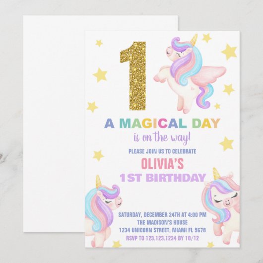 1e Rainbow Unicorn Verjaardag Uitnodigingen Vliege (Voorkant / Achterkant)