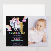 1e Rainbow Unicorn Verjaardag Uitnodigingen w foto (Voorkant / Achterkant)