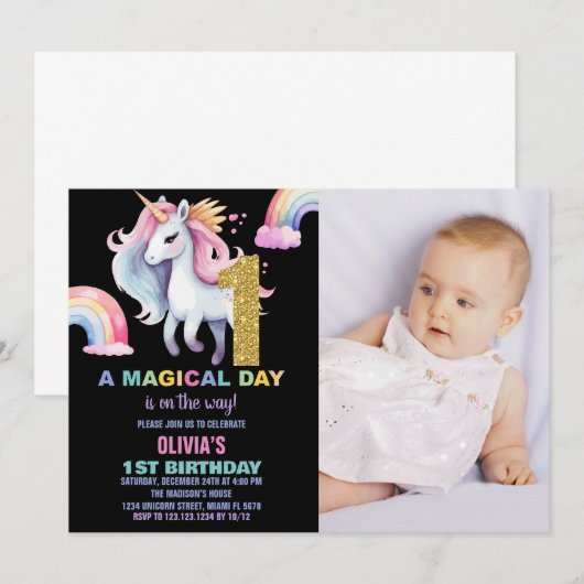 1e Rainbow Unicorn Verjaardag Uitnodigingen w foto (Voorkant / Achterkant)
