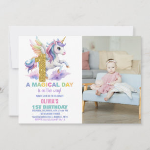 1e Rainbow Unicorn Verjaardag Uitnodigingen w foto
